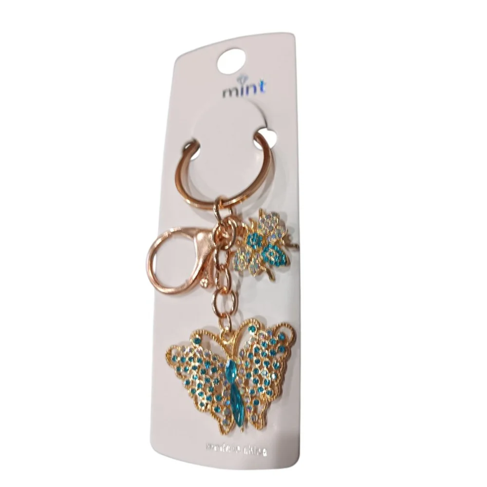 Beautiful Lt.Blue Rhinestone Butterfly Bumblebee Gold Tone Keychain Purse Charm